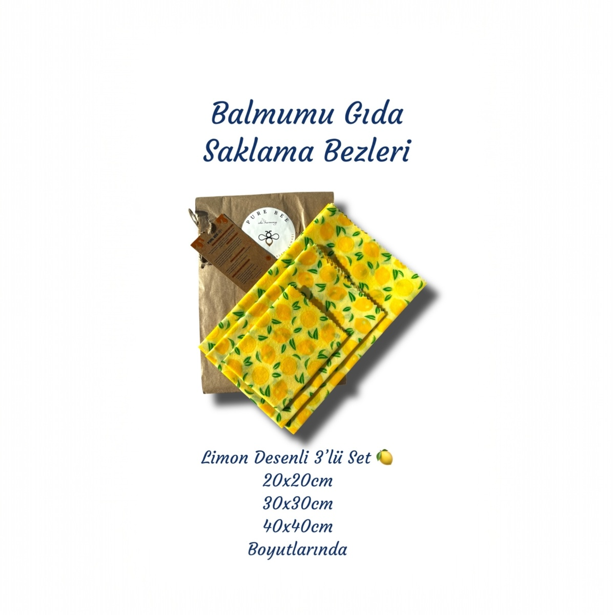  Doğal Balmumu Gıda Saklama Bezi 3’lü Set – İda Harmony Pure Bee – Limon Desenli