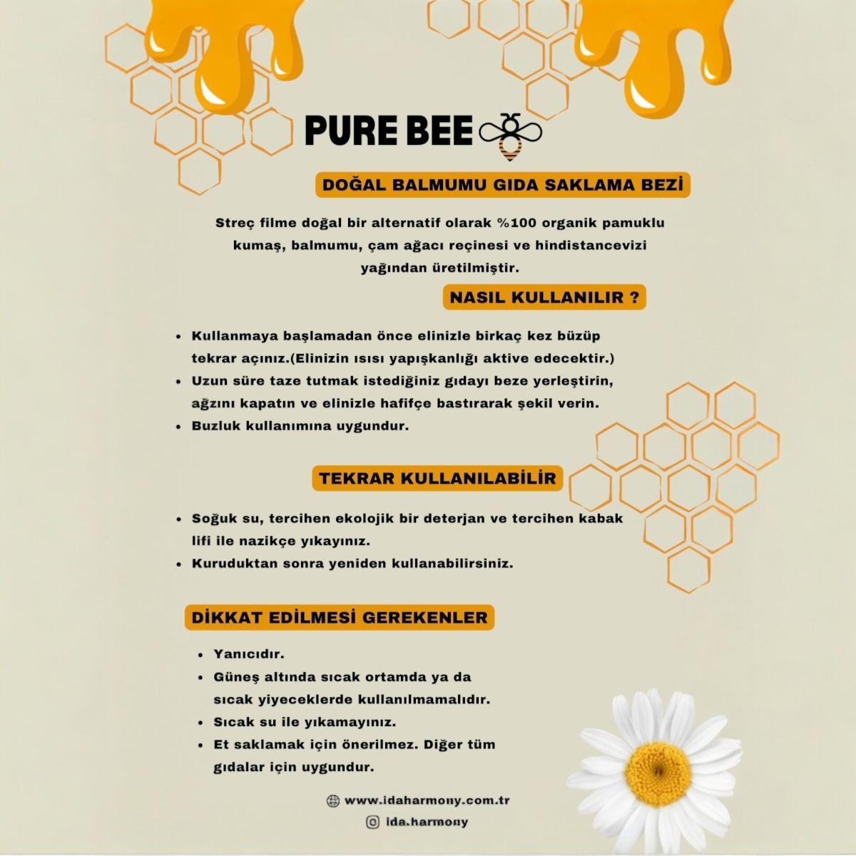 Doğal Balmumu Gıda Saklama Bezi 3’lü Set – İda Harmony Pure Bee – Avokado Desenli