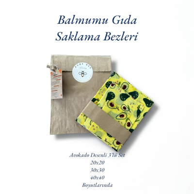 Doğal Balmumu Gıda Saklama Bezi 3’lü Set – İda Harmony Pure Bee – Avokado Desenli